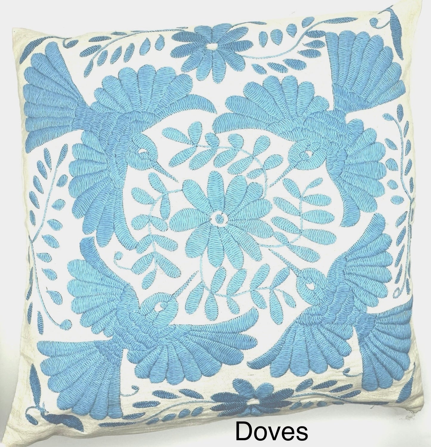 Mexican Otomi Embroidered Cushion Cover – Handmade Tenango Textile – Sky Blue (45x45cm)