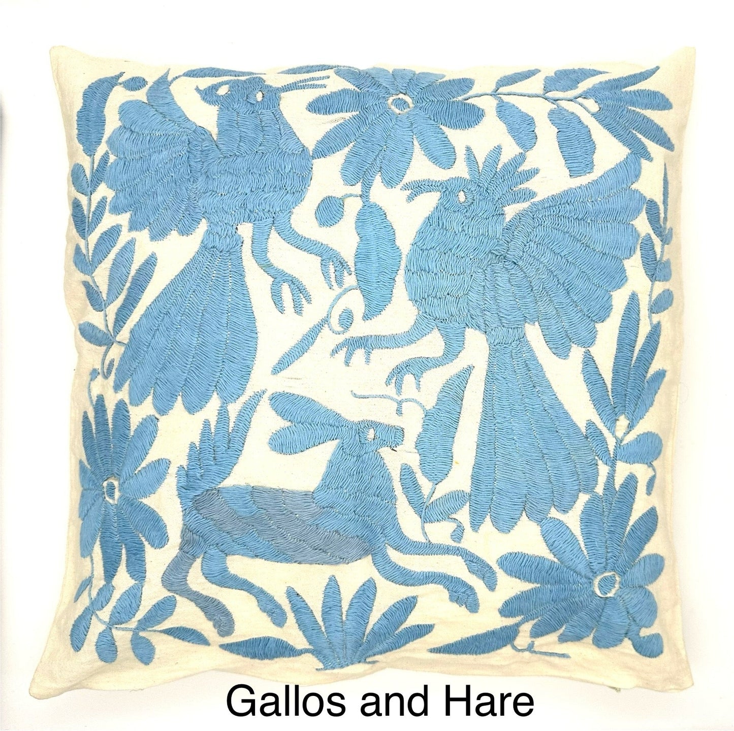 Mexican Otomi Embroidered Cushion Cover – Handmade Tenango Textile – Sky Blue (45x45cm)