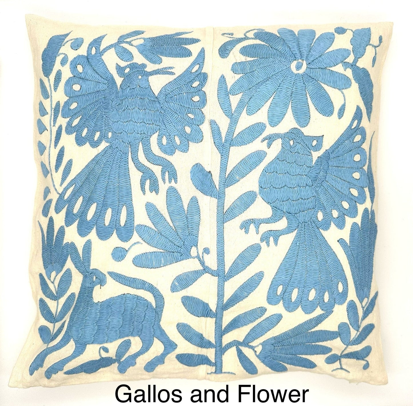 Mexican Otomi Embroidered Cushion Cover – Handmade Tenango Textile – Sky Blue (45x45cm)