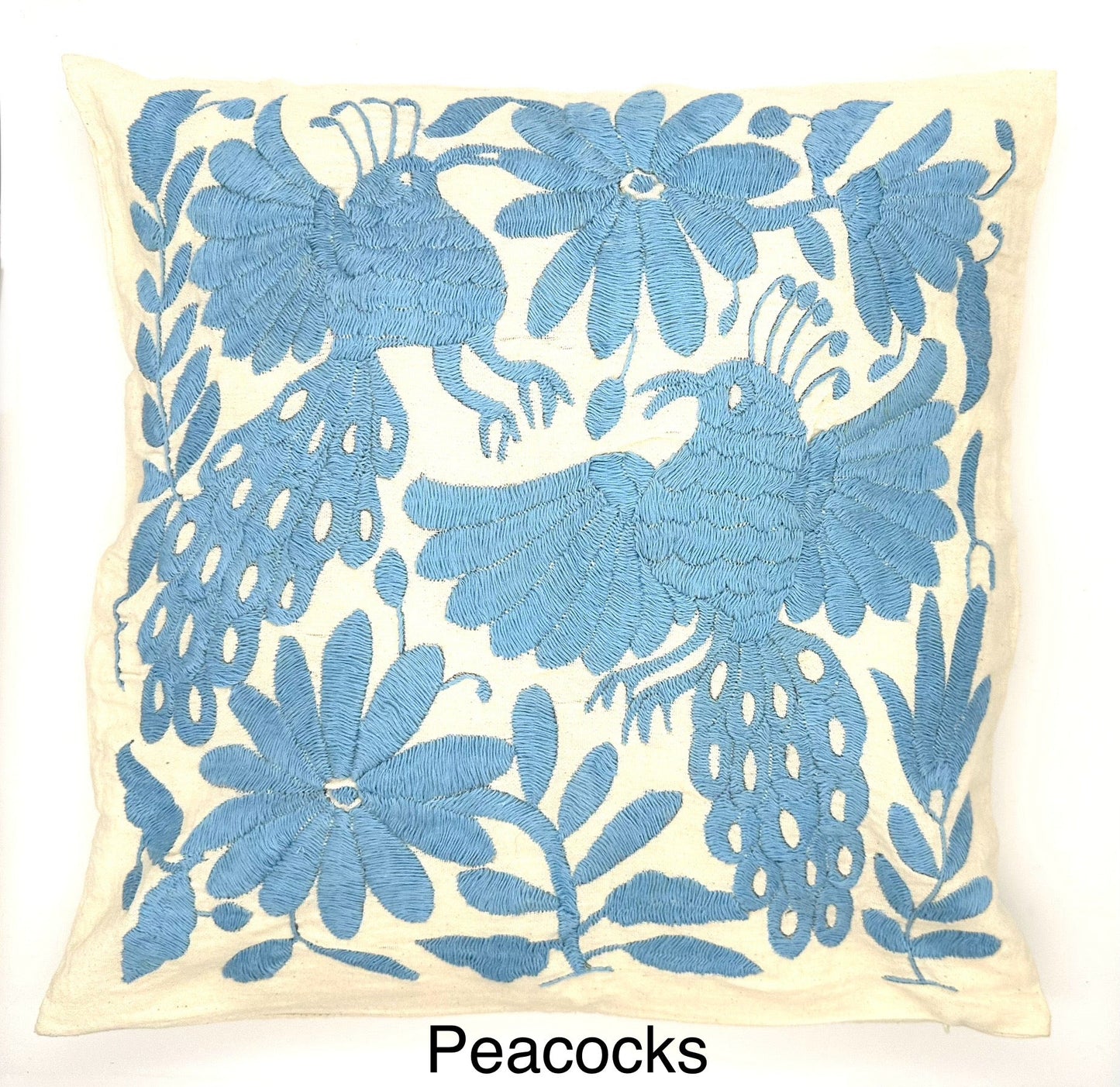 Mexican Otomi Embroidered Cushion Cover – Handmade Tenango Textile – Sky Blue (45x45cm)
