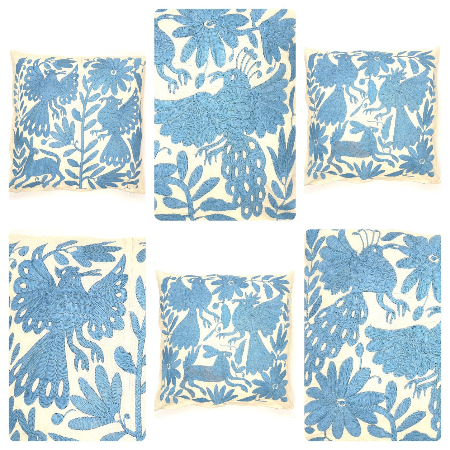 Mexican Otomi Embroidered Cushion Cover – Handmade Tenango Textile – Sky Blue (45x45cm)