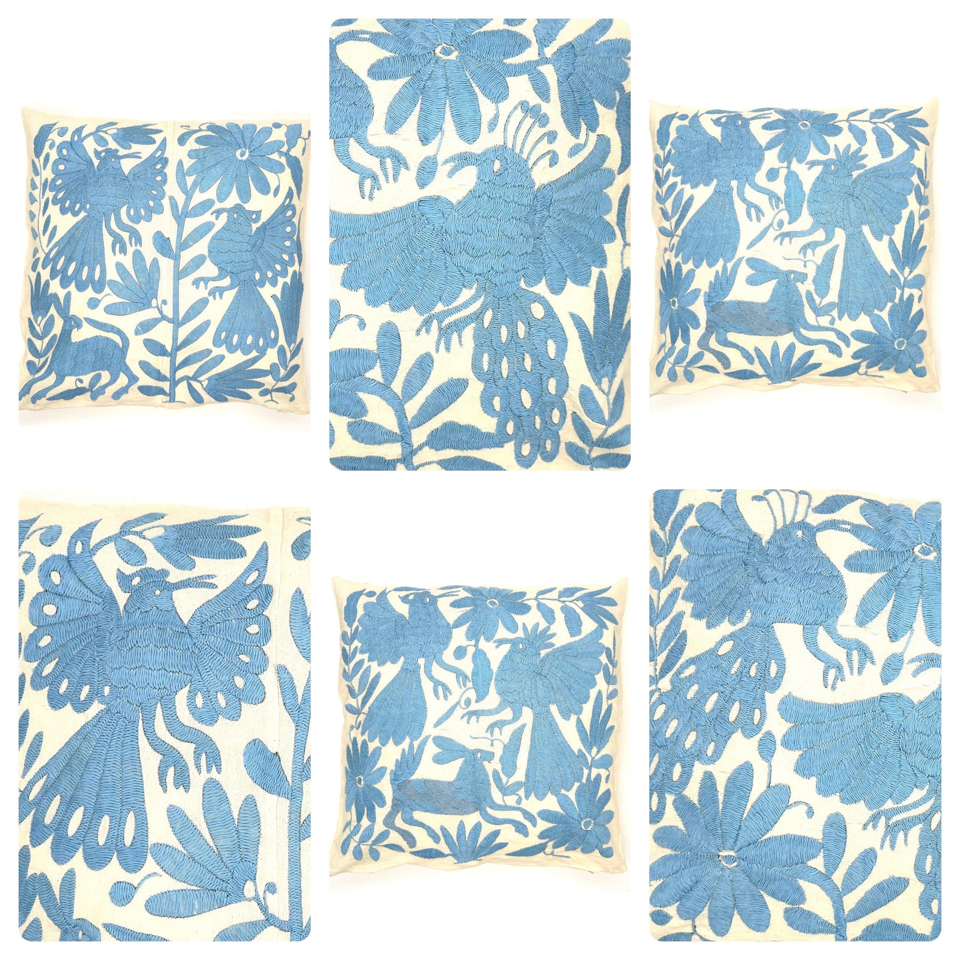 Mexican Otomi Embroidered Cushion Cover – Handmade Tenango Textile – Sky Blue (45x45cm)