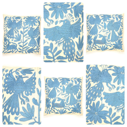 Mexican Otomi Embroidered Cushion Cover – Handmade Tenango Textile – Sky Blue (45x45cm)