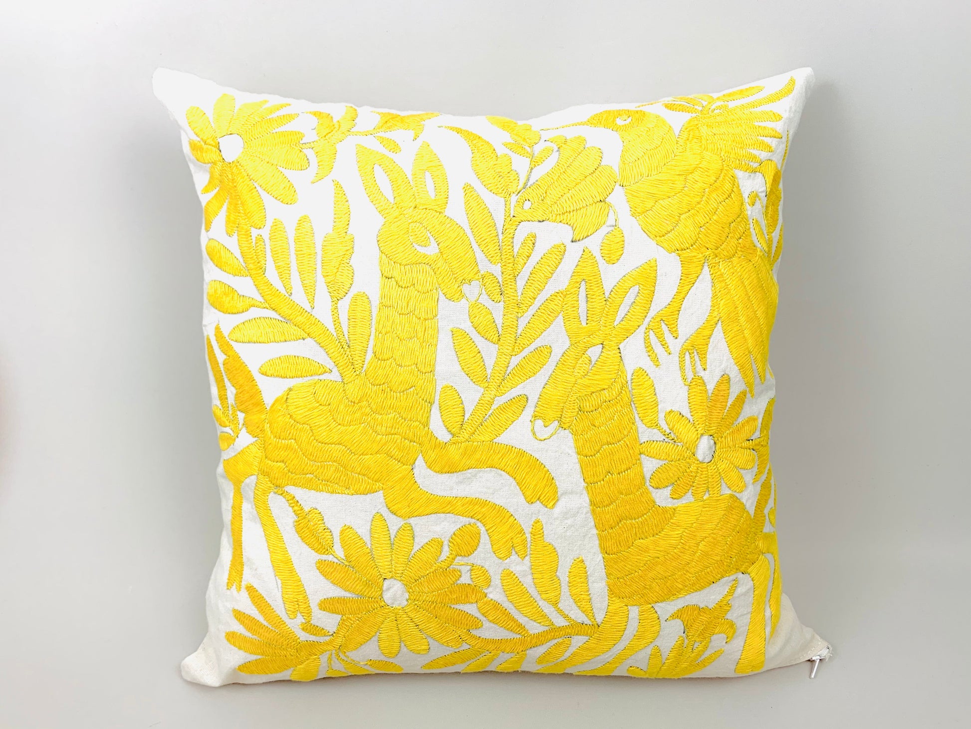 Mexican Otomi Embroidered Cushion Cover – Handmade Tenango Textile – Yellow (45x45cm)