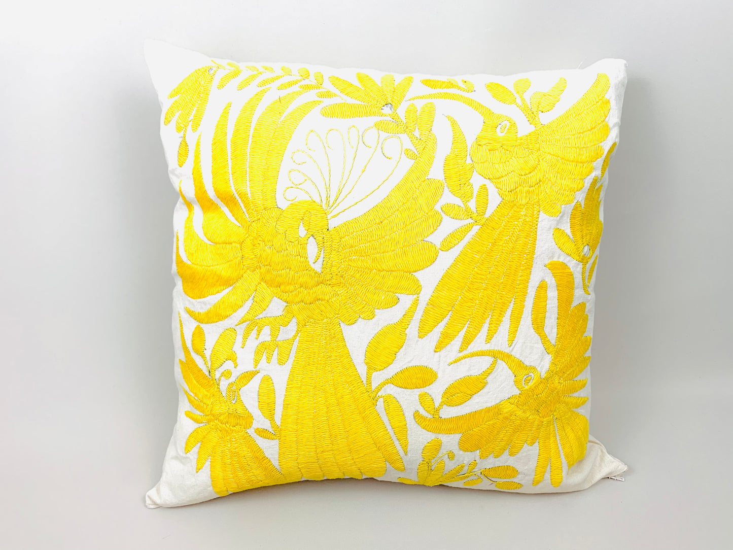 Mexican Otomi Embroidered Cushion Cover – Handmade Tenango Textile – Yellow (45x45cm)