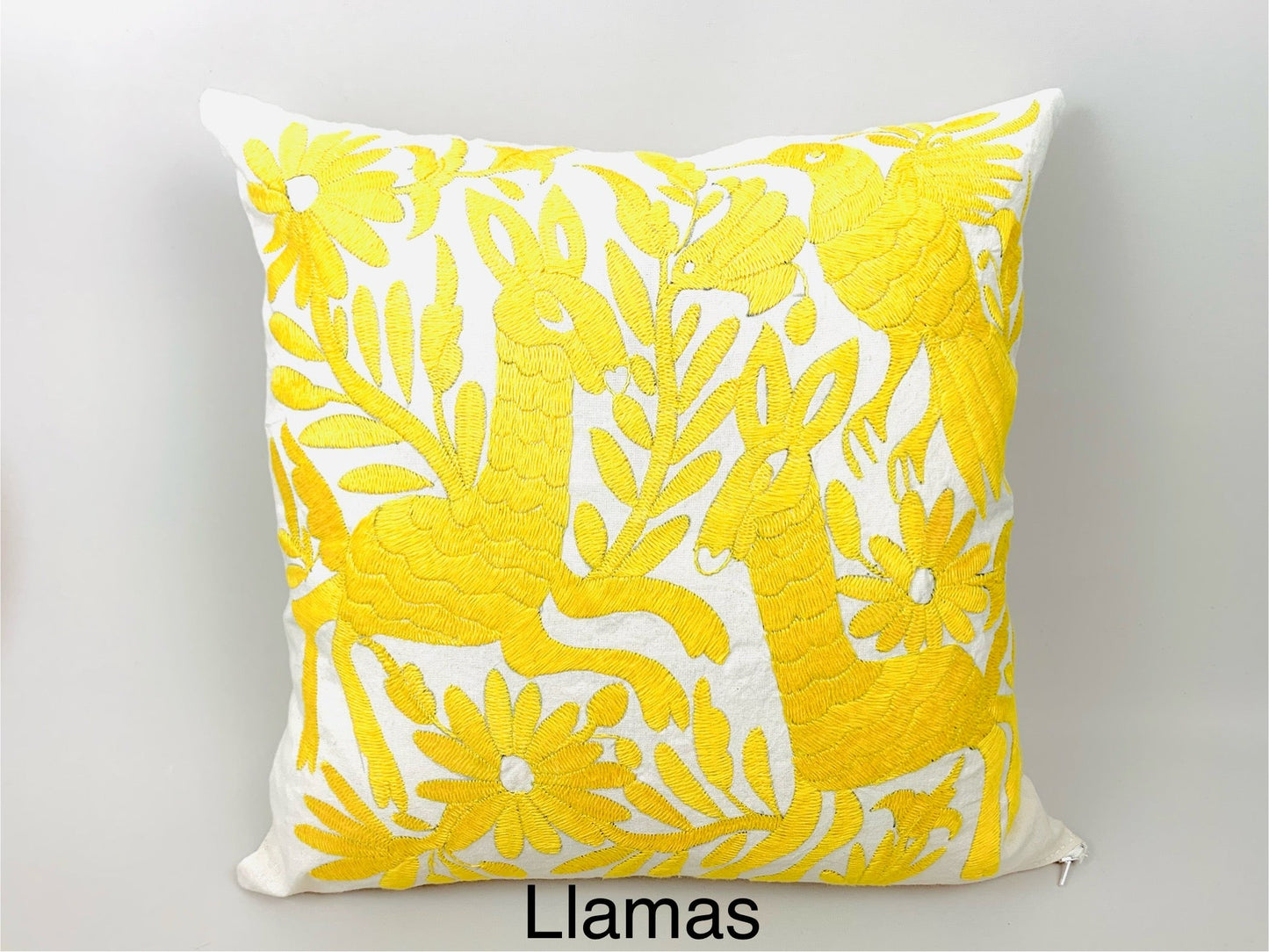 Mexican Otomi Embroidered Cushion Cover – Handmade Tenango Textile – Yellow (45x45cm)