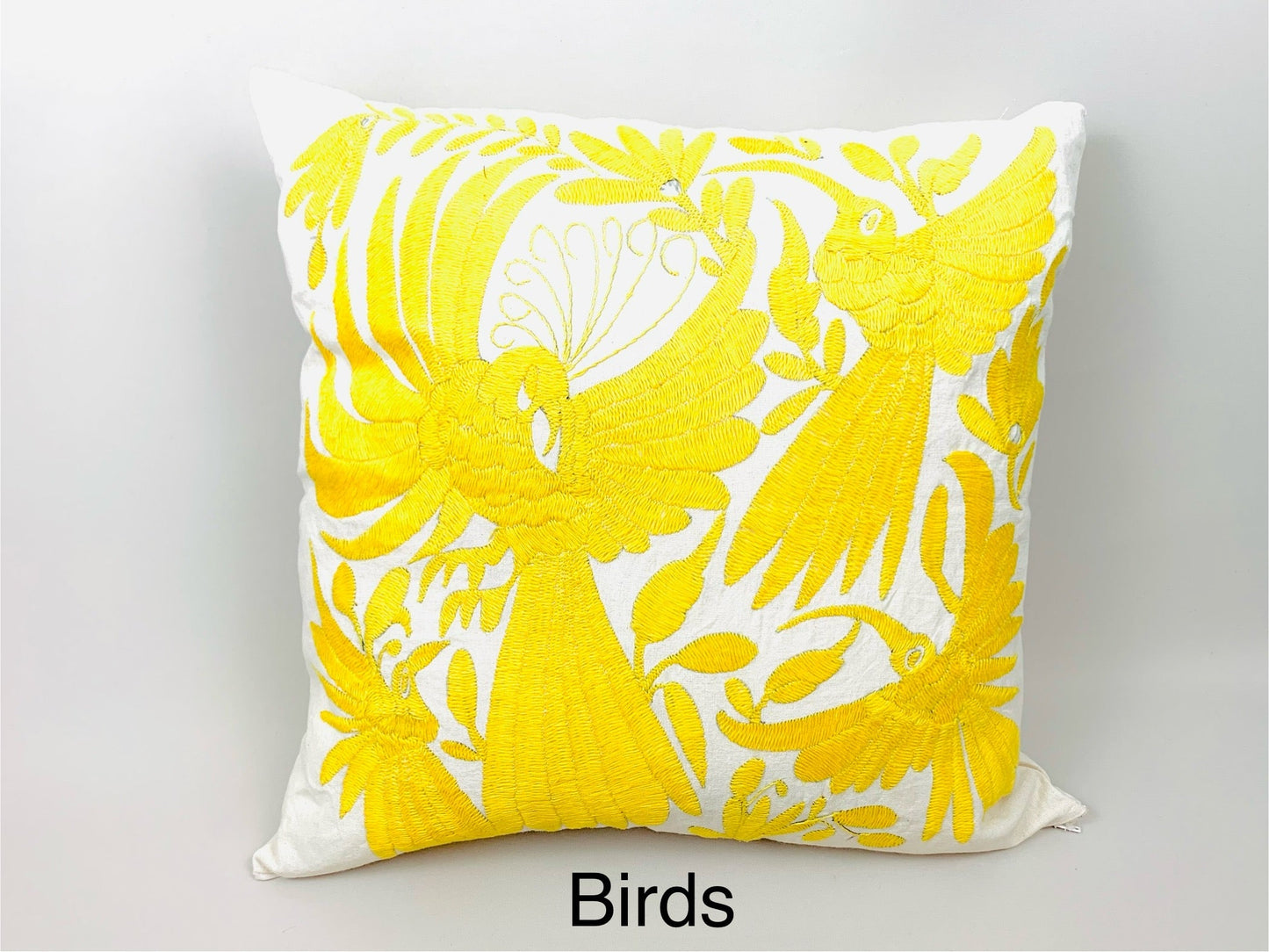 Mexican Otomi Embroidered Cushion Cover – Handmade Tenango Textile – Yellow (45x45cm)