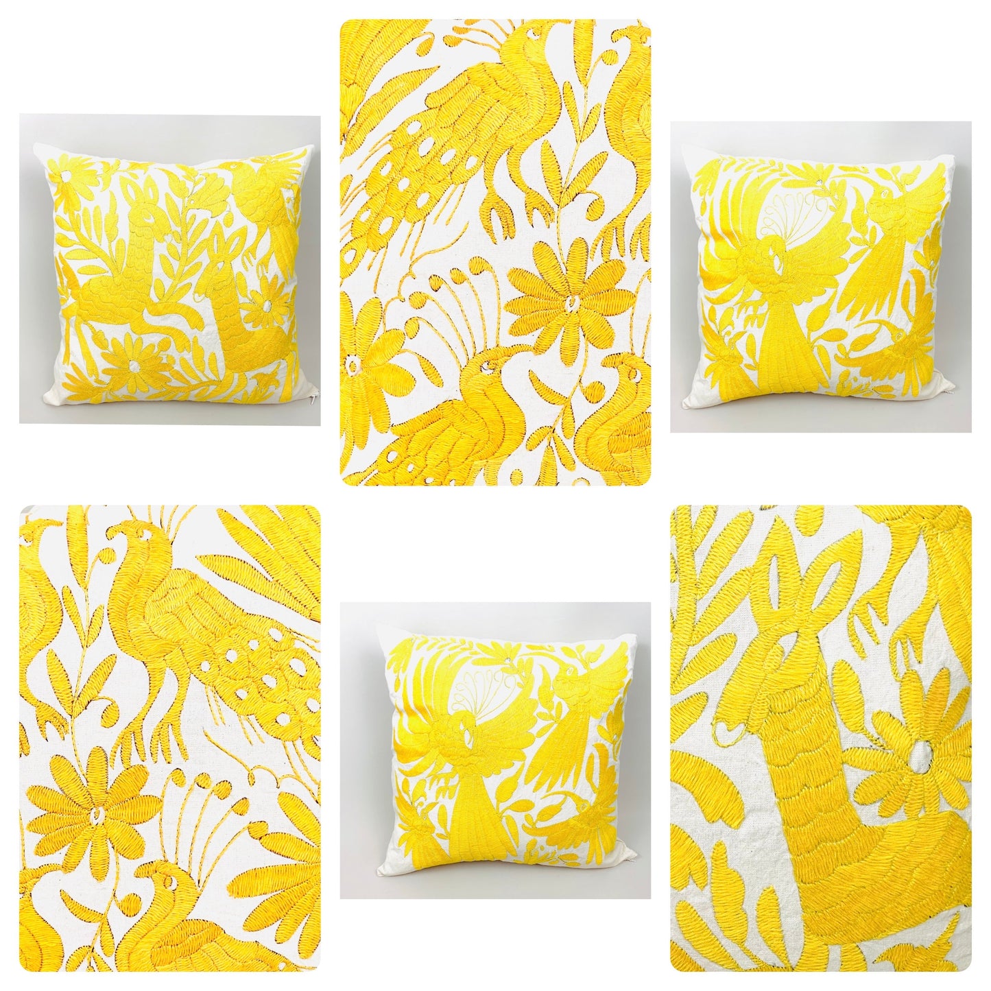 Mexican Otomi Embroidered Cushion Cover – Handmade Tenango Textile – Yellow (45x45cm)