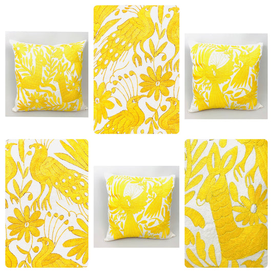 Mexican Otomi Embroidered Cushion Cover – Handmade Tenango Textile – Yellow (45x45cm)
