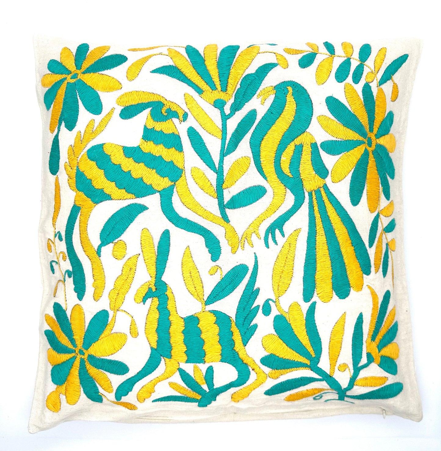 Mexican Otomi Embroidered Cushion Cover – Handmade Tenango Textile – Yellow & Green (45x45cm)