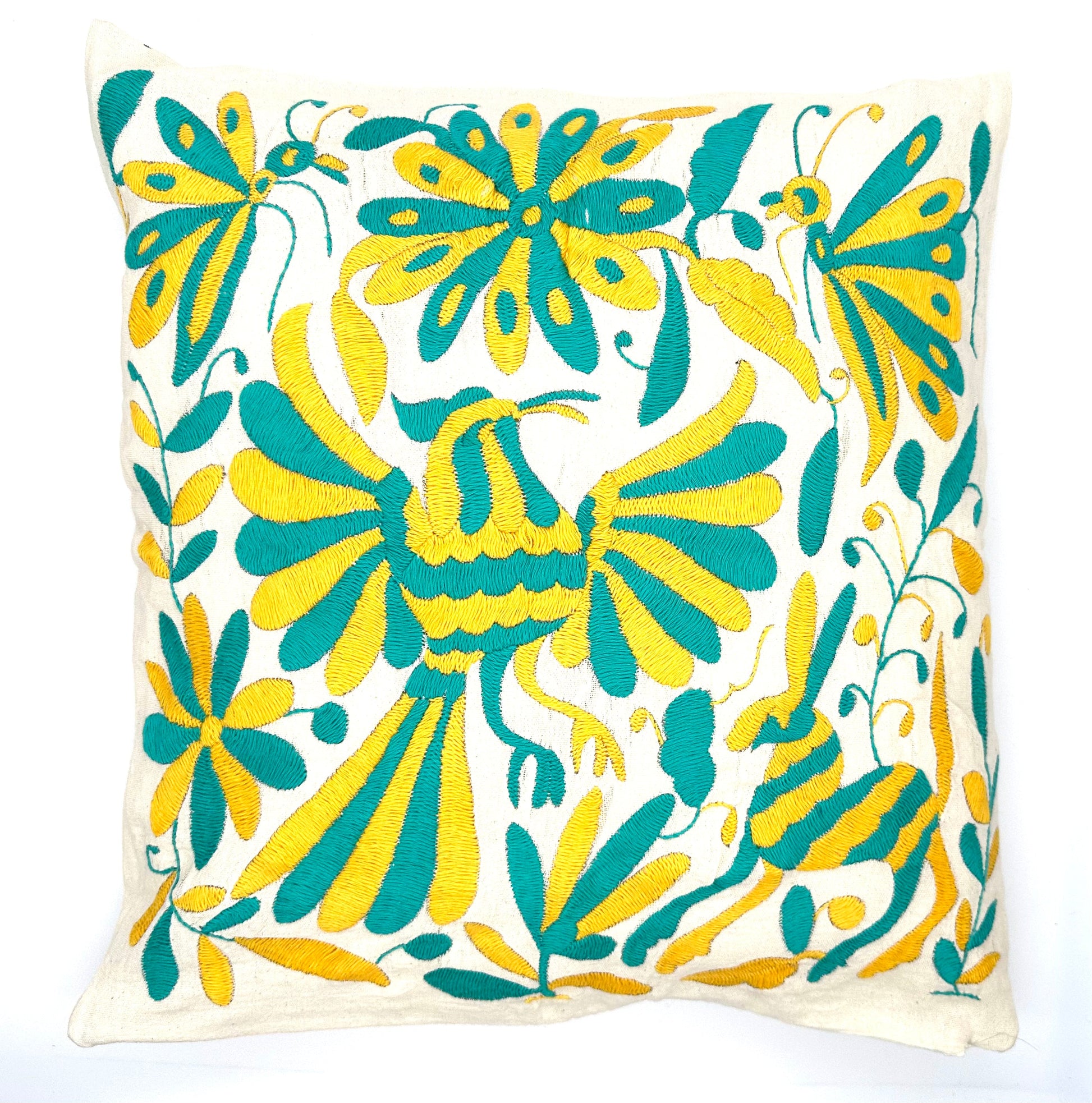 Mexican Otomi Embroidered Cushion Cover – Handmade Tenango Textile – Yellow & Green (45x45cm)