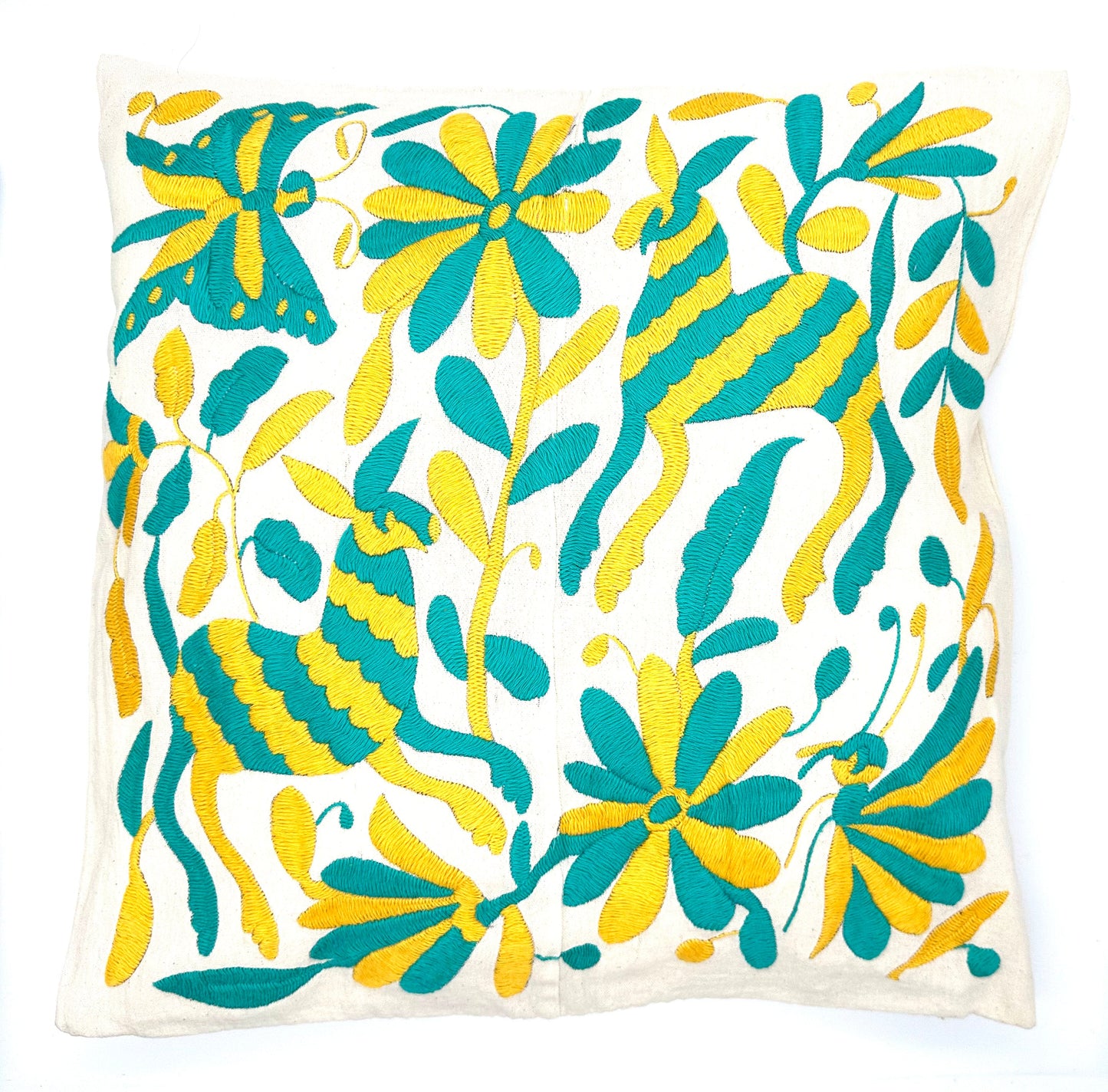 Mexican Otomi Embroidered Cushion Cover – Handmade Tenango Textile – Yellow & Green (45x45cm)