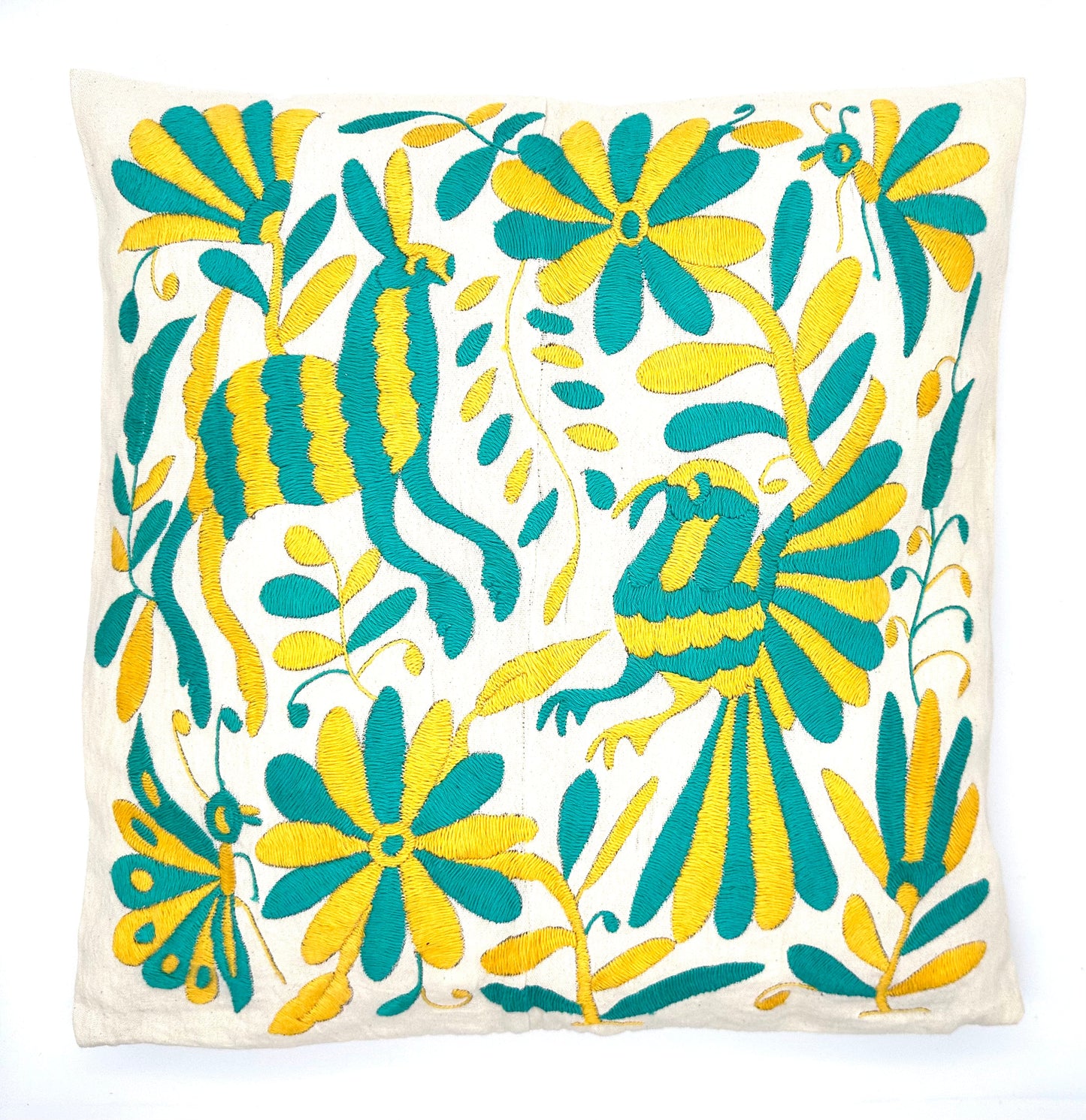 Mexican Otomi Embroidered Cushion Cover – Handmade Tenango Textile – Yellow & Green (45x45cm)