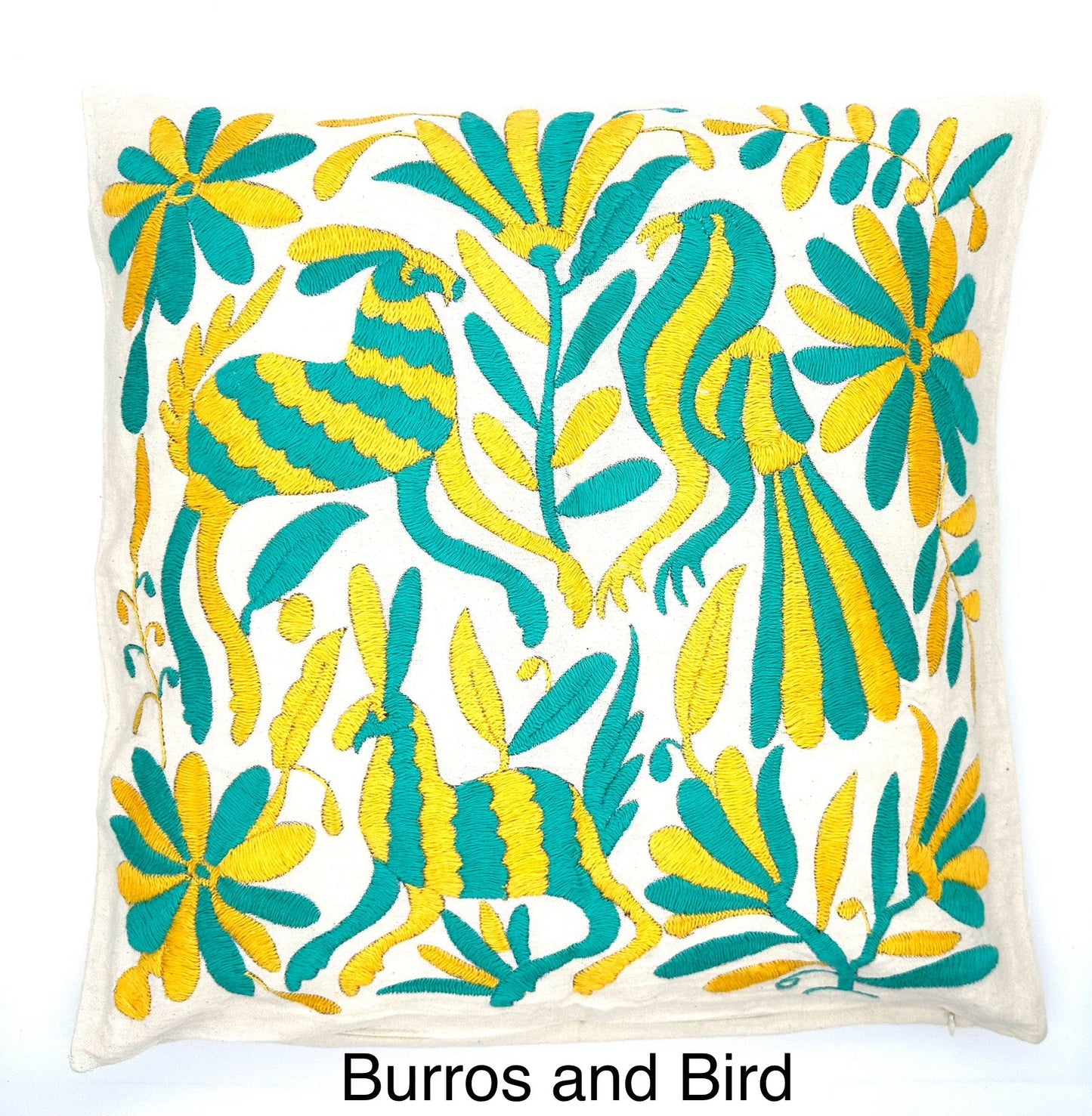 Mexican Otomi Embroidered Cushion Cover – Handmade Tenango Textile – Yellow & Green (45x45cm)