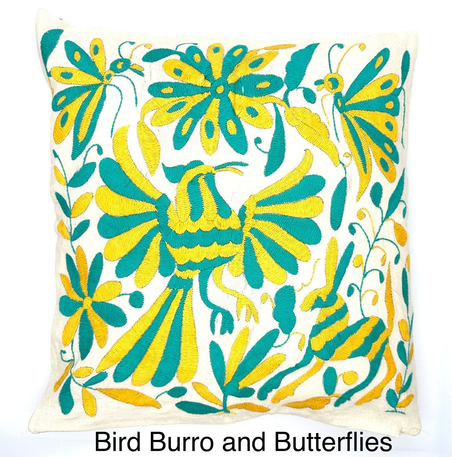 Mexican Otomi Embroidered Cushion Cover – Handmade Tenango Textile – Yellow & Green (45x45cm)
