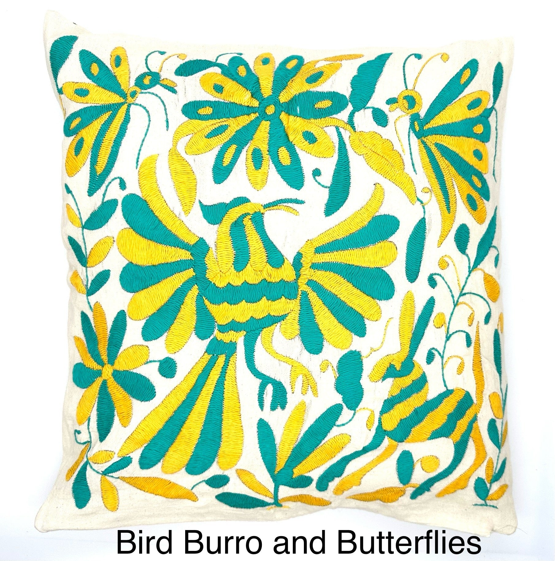 Mexican Otomi Embroidered Cushion Cover – Handmade Tenango Textile – Yellow & Green (45x45cm)