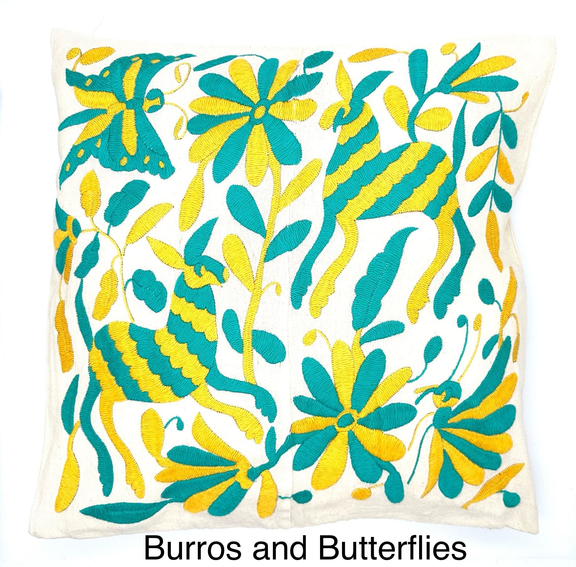 Mexican Otomi Embroidered Cushion Cover – Handmade Tenango Textile – Yellow & Green (45x45cm)