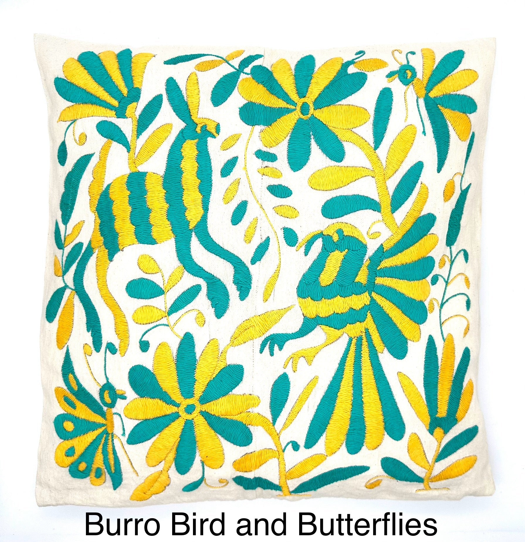 Mexican Otomi Embroidered Cushion Cover – Handmade Tenango Textile – Yellow & Green (45x45cm)