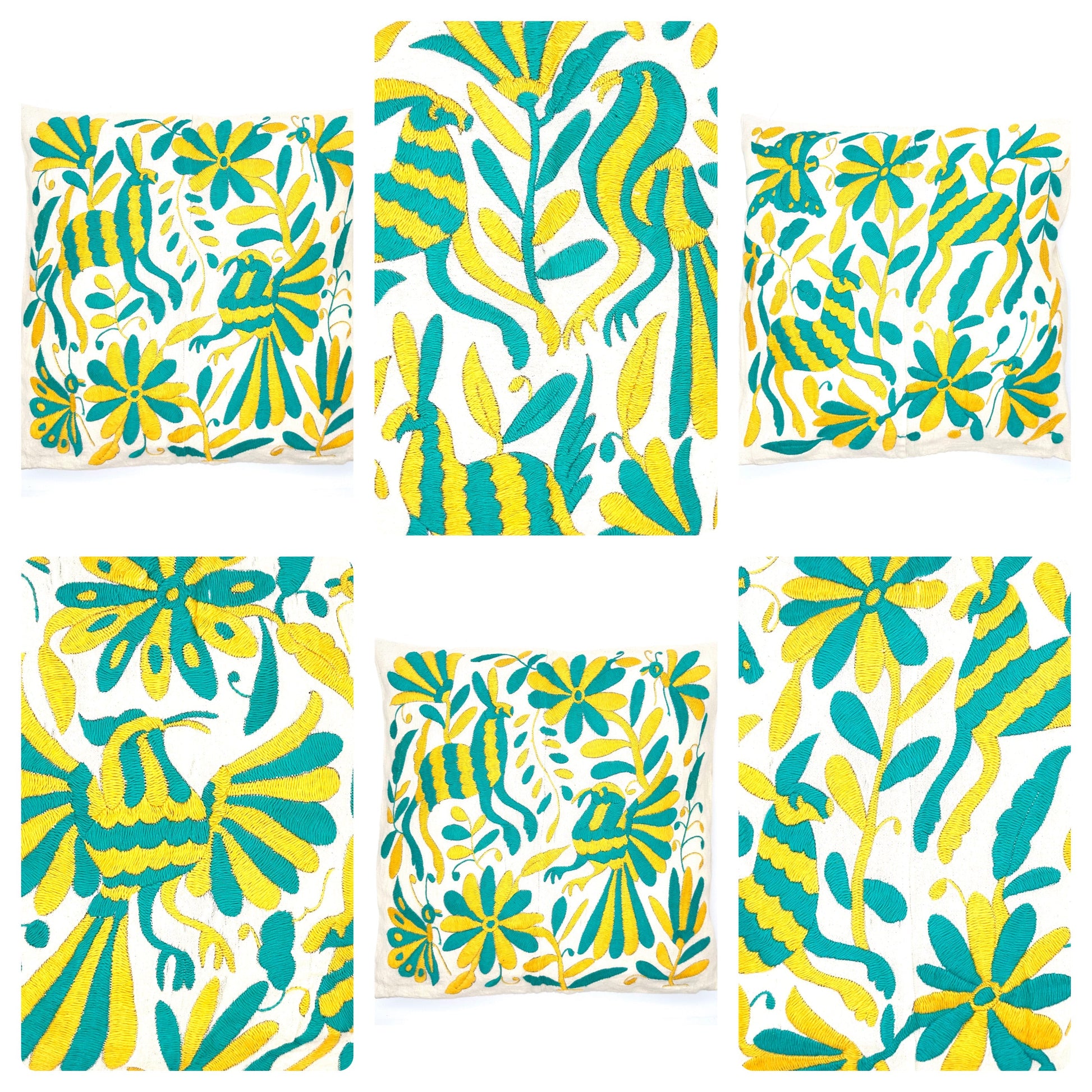Mexican Otomi Embroidered Cushion Cover – Handmade Tenango Textile – Yellow & Green (45x45cm)