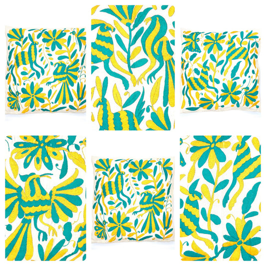 Mexican Otomi Embroidered Cushion Cover – Handmade Tenango Textile – Yellow & Green (45x45cm)