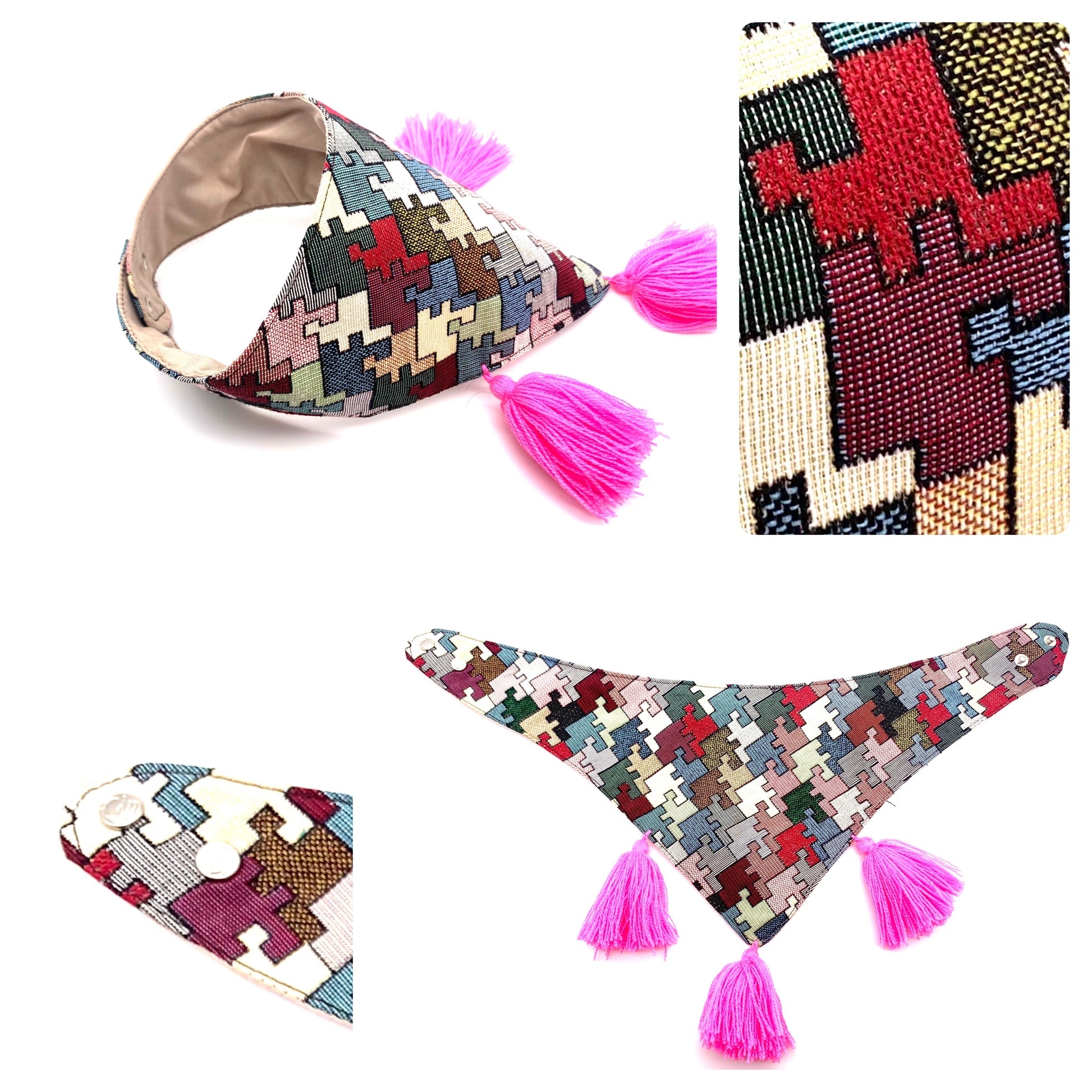 Mexican Pet Bandana with Pom Poms – Small (42–44cm Neck) – Colourful Dog & Cat Scarf