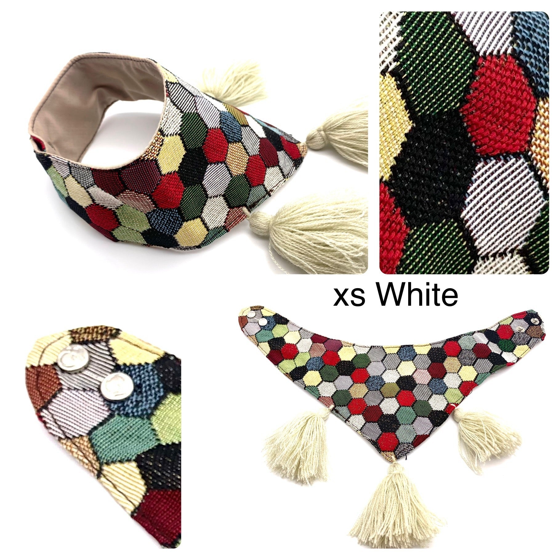 Mexican Pet Bandana with Pom Poms – XS (32–34cm Neck) – Colourful Dog & Cat Scarf