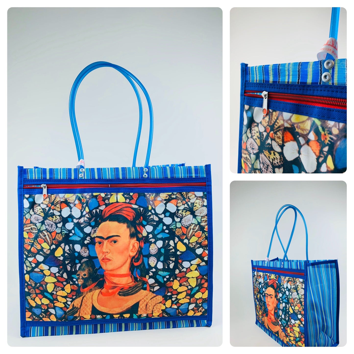 Mexican Woven Market Tote Bag – Frida Kahlo Folk Art Beach & Shopping Bag with Zip Pocket