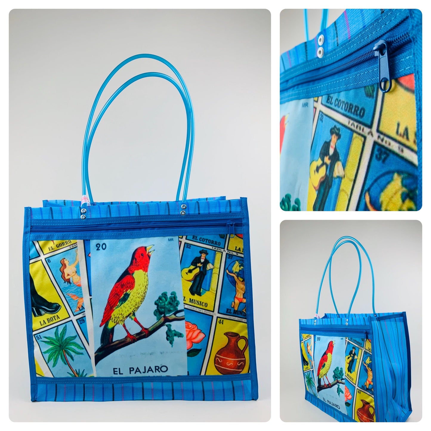Mexican Woven Market Tote Bag – Frida Kahlo Folk Art Beach & Shopping Bag with Zip Pocket