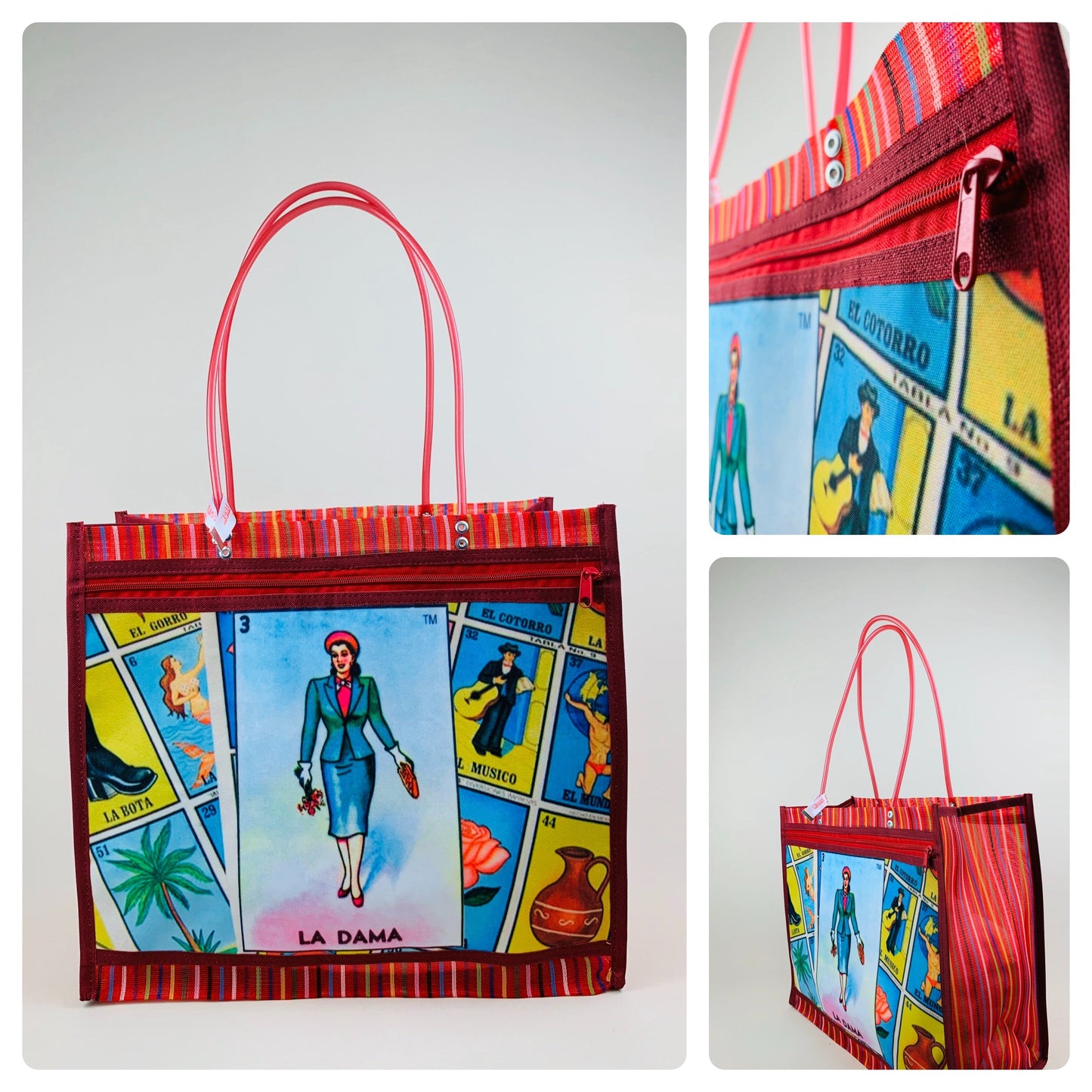 Mexican Woven Market Tote Bag – Frida Kahlo Folk Art Beach & Shopping Bag with Zip Pocket