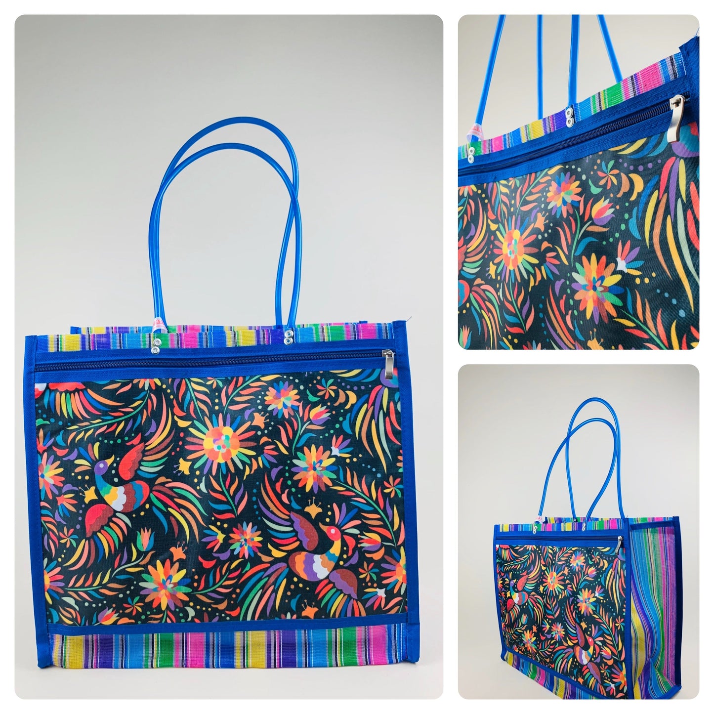 Mexican Woven Market Tote Bag – Frida Kahlo Folk Art Beach & Shopping Bag with Zip Pocket
