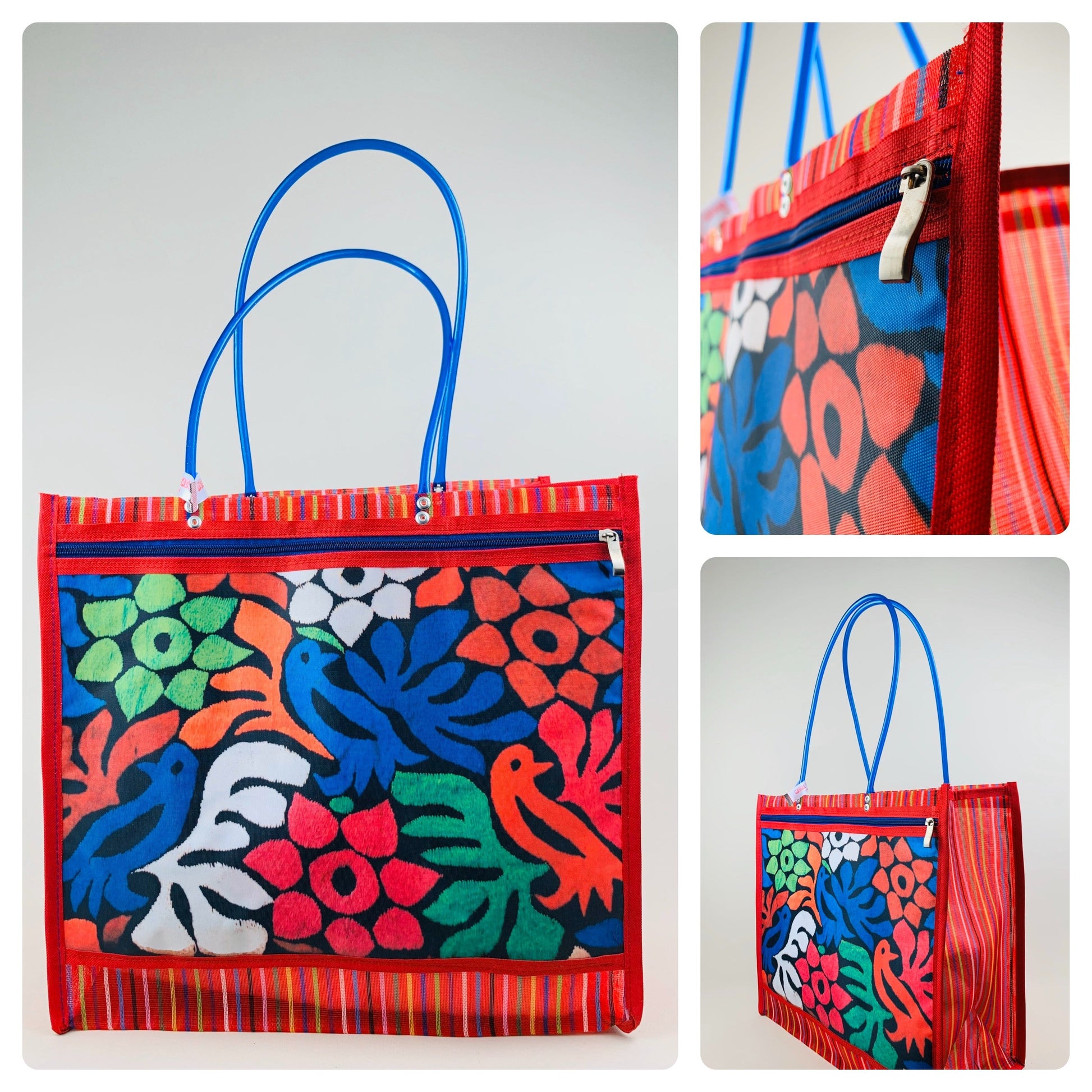 Mexican Woven Market Tote Bag – Frida Kahlo Folk Art Beach & Shopping Bag with Zip Pocket