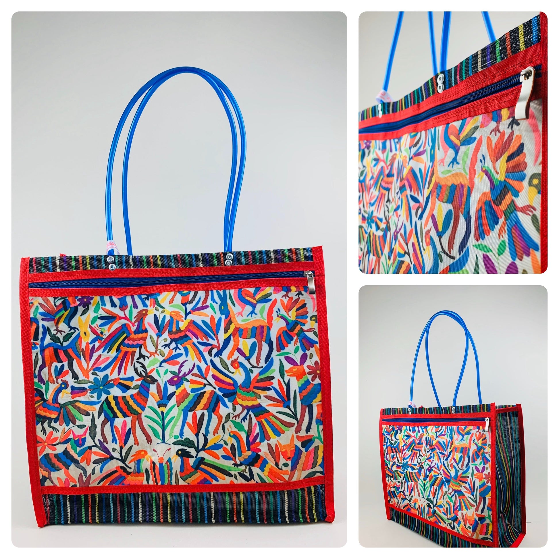 Mexican Woven Market Tote Bag – Frida Kahlo Folk Art Beach & Shopping Bag with Zip Pocket