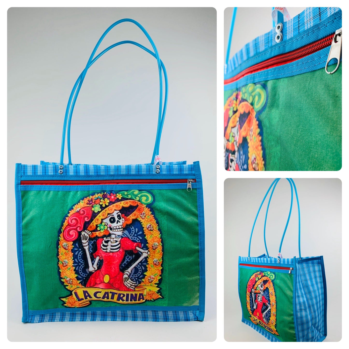 Mexican Woven Market Tote Bag – Frida Kahlo Folk Art Beach & Shopping Bag with Zip Pocket