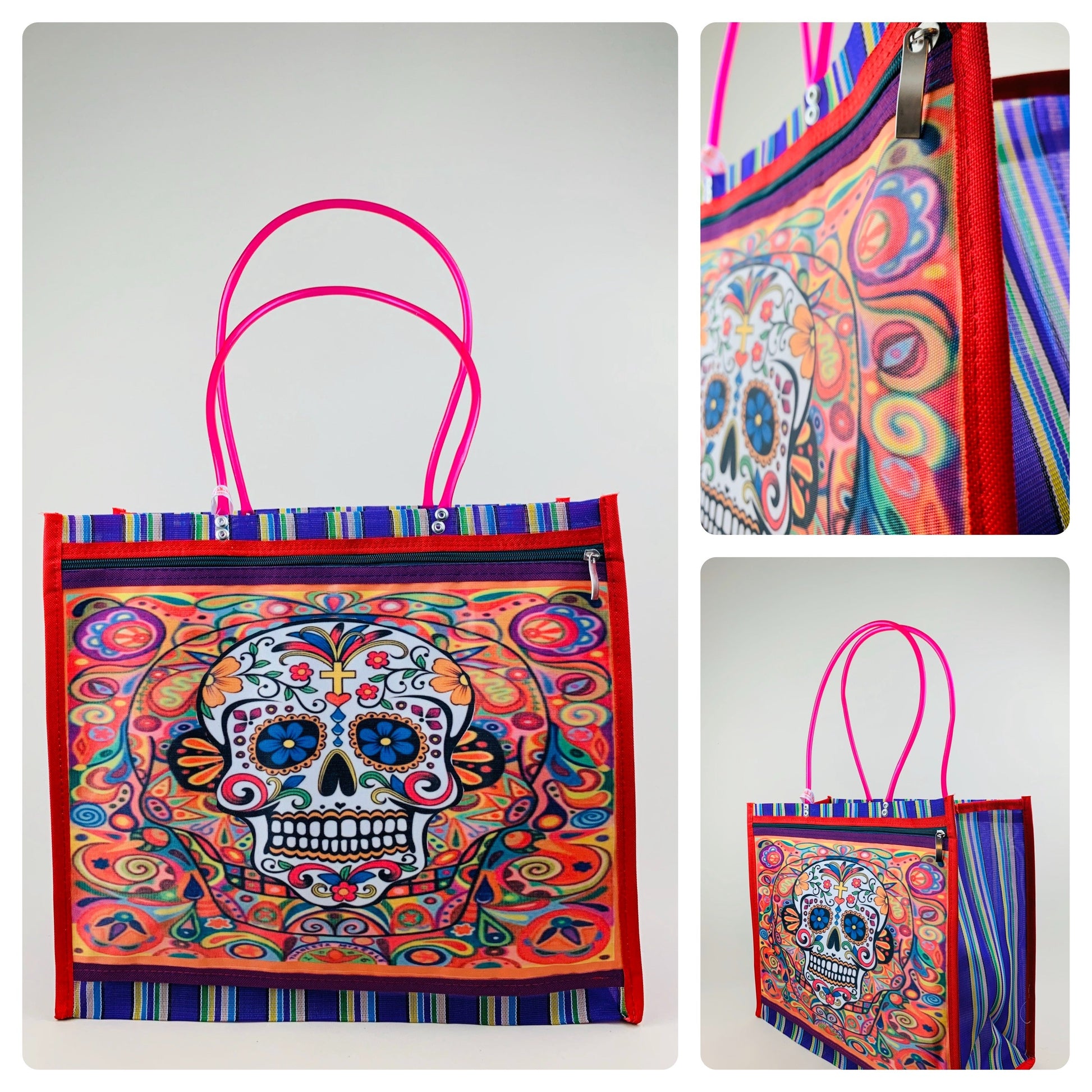 Mexican Woven Market Tote Bag – Frida Kahlo Folk Art Beach & Shopping Bag with Zip Pocket