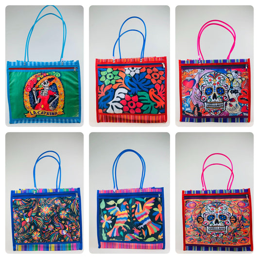 Mexican Woven Market Tote Bag – Frida Kahlo Folk Art Beach & Shopping Bag with Zip Pocket