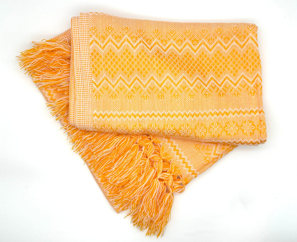 (Seconds) Zigzag Pattern Classic Artisanal Mexican Rebozo Shawl (195cmx67cm) - Tangerine/White i