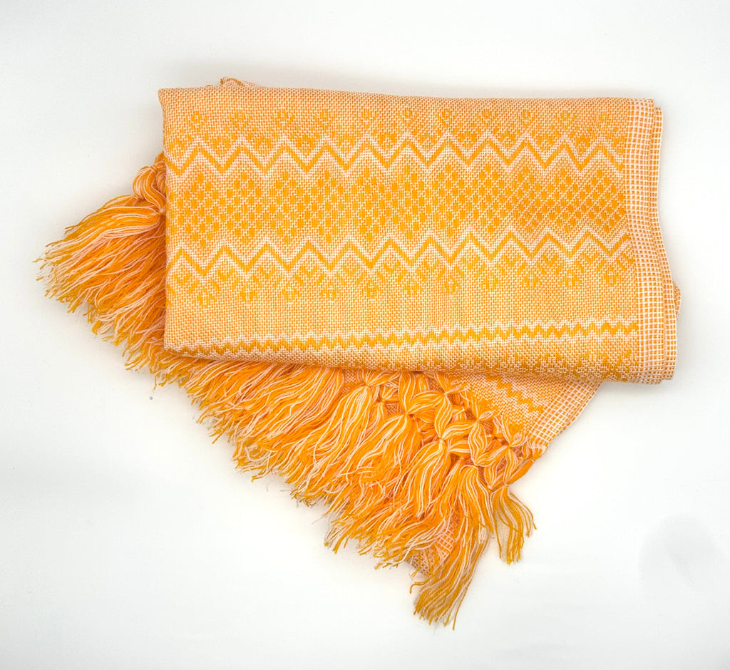 (Seconds) Zigzag Pattern Classic Artisanal Mexican Rebozo Shawl (195cmx67cm) - Tangerine/White ii